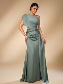 Serin Elegant Luxurious Green Glossy Satin Ruched Asymmetric Neck Mermaid Dress For Homecoming Formal Wedding Party Graduation - Green - View 8