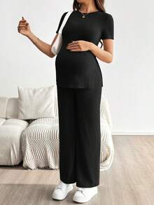 SHEIN 孕婦純色圓領側開衩T恤與可調腰圍長褲休閒兩件套 - 黑色 - 查看 7