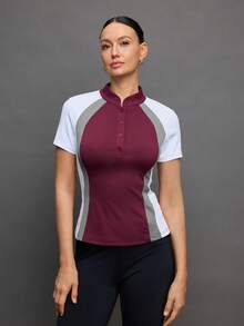 Activina Women's Contrast Color Button Half-Placket Raglan Sleeve Equestrian Top - Burgundy - View 6