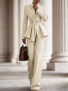 SHEIN Women's Solid Color Minimalist Daily Wear Long Sleeve Top And Pants Suit - Beige - View 4
