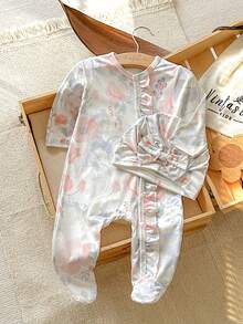 SHEIN Vintaside Kids 秋冬新生兒蝴蝶結復古花卉印花可愛嬰兒連身衣+帽子 - 淺粉色 - 查看 5