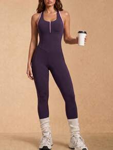 Silquee Women's Contrast Color Hollow Back Jumpsuit, Casual Fitness And Sports Wear - Bold Plum - View 7
