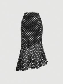 SHEIN MOD 女款波點印花不對稱下擺裙 - 黑色 - 查看 3