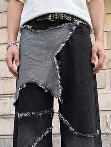 SHEIN 青少年男孩休閒酷 Y2K 時尚星星拼接流蘇低腰寬鬆寬腿牛仔長褲，毛邊褲腳與斜口袋設計，適合男孩日常穿著，春夏電音節慶、海灘、秋季返校、老錢風街頭穿搭、龐克冬季穿搭 - 黑色 - 查看 5