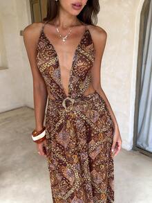Aloruh Women's Summer New Bohemian Dress, Sexy Elegant Romantic Dress, Brown Dress, Metal Buckle Decor, Women's Vacation Wear, Women's Beach Wear, Women's Cover-Up Dress - Multicolor - View 4