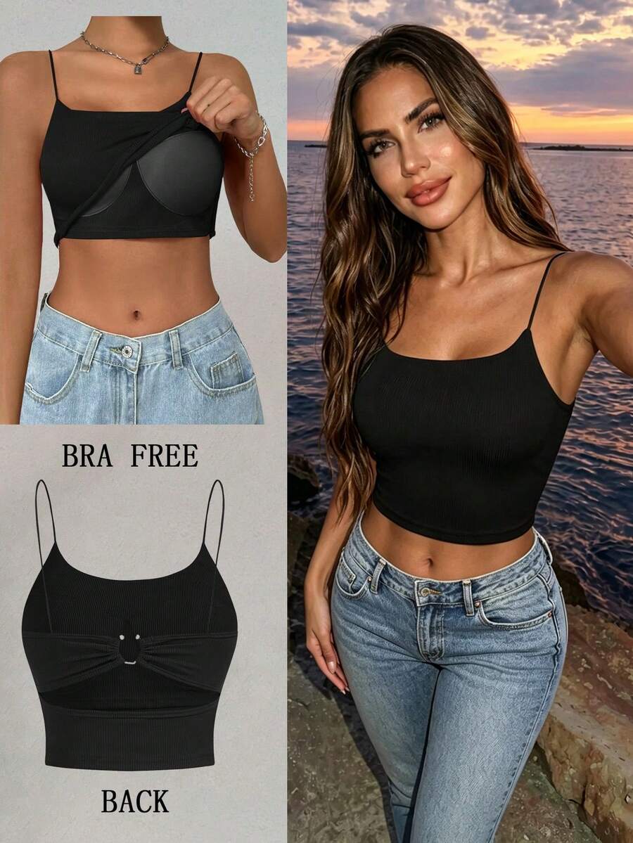 Allurite Women's Metal Buckle Padded Cami Top - Black - View 1