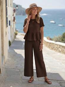 EMERY ROSE Women's Solid Color Short Sleeve Ruffle Hem Blouse And Pants Elegant Casual Set - Brown - View 3