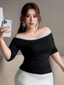 Livesso Curve 大尺碼撞色蕾絲飾邊露肩T恤 - 黑色 - 查看 6
