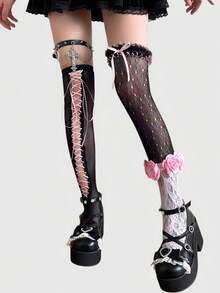 ROMWE Anime 5Pcs Black Y2K Cross Millennium Spice Girls Lace Splicing One-Piece Socks Calf Socks Combination, Suitable For College, Shopping, Music Festival - Black and pink rose - View 2