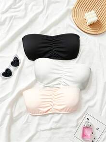 3pcs Teen Girls Puberty Strapless Bandeau Bras, Detachable Cups, No-Shoulder Student Camisole Undershirt Anti-Exposure Bra - Multicolor - View 4