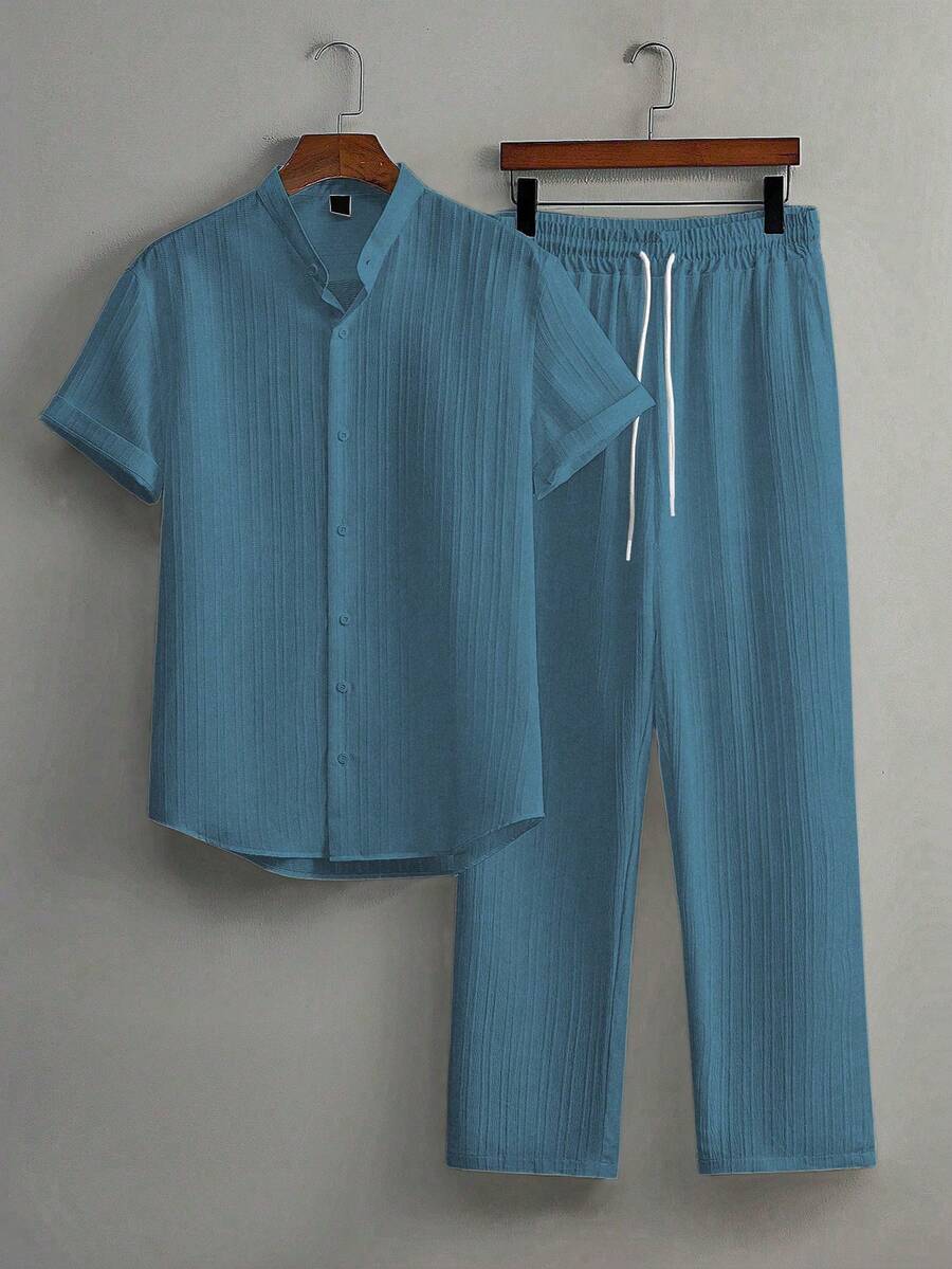 Manfinity Hypemode 2pcs Men Casual Solid Color Textured Short Sleeve Shirt And Drawstring Waist Loose Straight-Leg Pant Set,Dusty Blue,Summer,Vacation Men Outfits, Formal - Dusty Blue - View 1