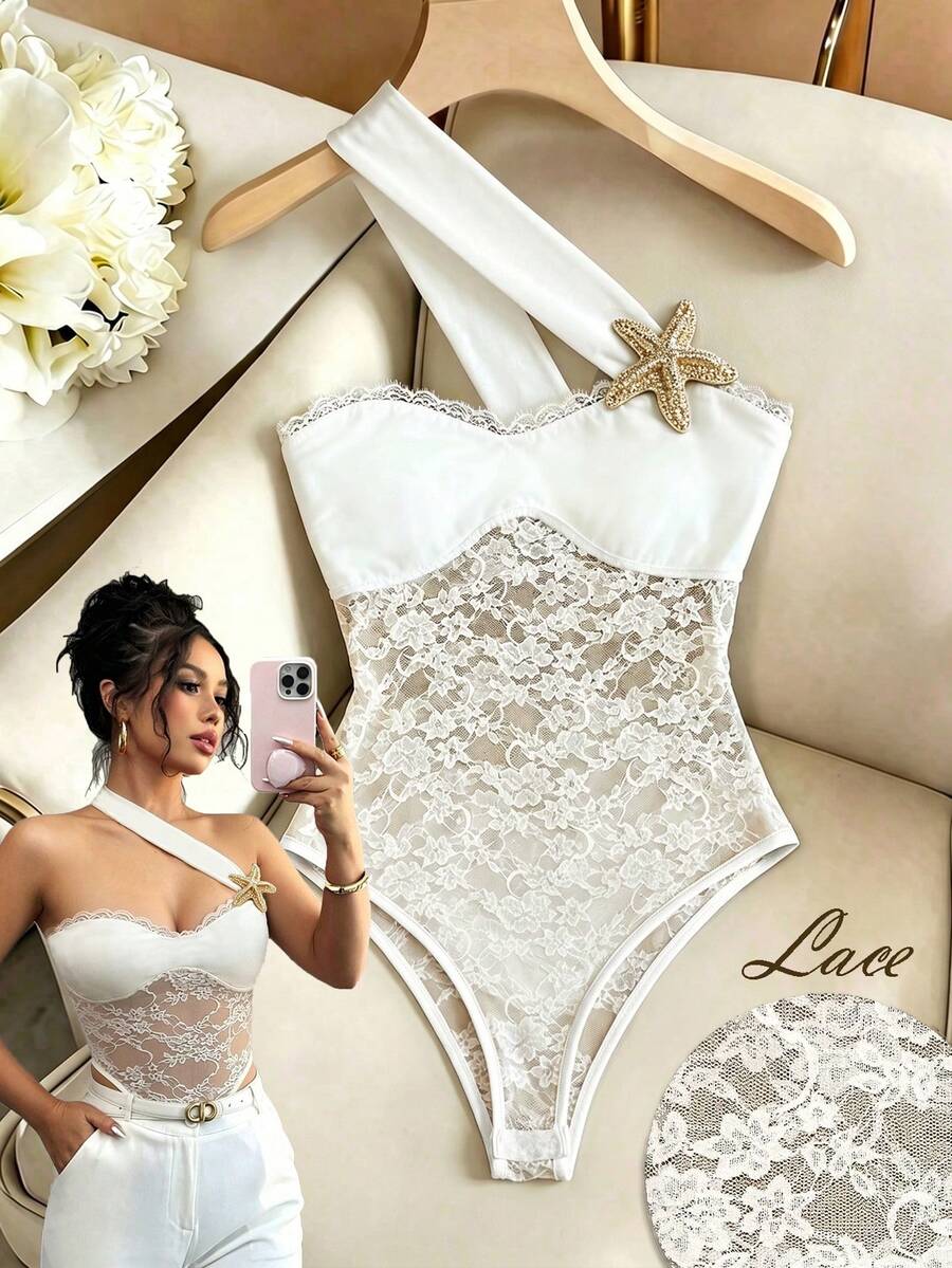 Franclia 度假海灘透視蕾絲拼接海星裝飾連身泳衣 - 米色 - 查看 1