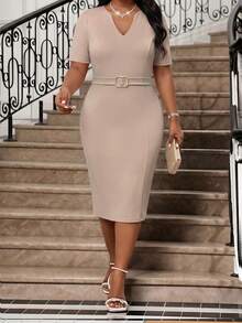 SHEIN Lady Plus Size Summer Elegant Solid Color Fitted Dress - Pink - View 5