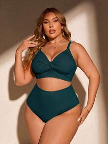 SHEIN Swim Curve 大尺碼女款夏季海灘純色抓皺細肩帶性感比基尼上衣與三角褲兩件式泳衣套裝 - 墨綠色 - 查看 6