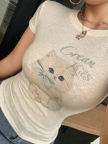 Dazy Plus Spring Summer Plus Size Women's Fitted Slim Fit Cute Cat Pattern Animal Print Cap Sleeve White T-Shirt Graphic Tees - Beige - View 8