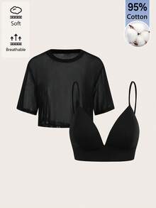 SHEIN BASICS 女款純色網紗圓領短袖上衣搭配短版背心 - 黑色 - 查看 2
