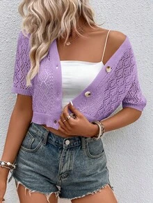 EMERY ROSE Solid Color Short Sleeve Hollow Knit Cropped Cardigan - Mauve Purple - View 5
