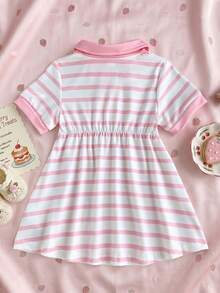 SHEIN Baju Bayi Perempuan Motif Garis-garis Merah Muda Lengan Pendek Model A-Line untuk Musim Panas - MultiWarna - View 3