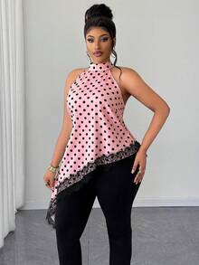 Maweii Camisa sin mangas con lunares, cordones y dobladillo asimétrico para mujer de talla grande - Rosa - Ver 6