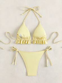 Swim Mod 2025 女款夏季海灘純色荷葉邊掛脖綁帶性感比基尼泳衣套裝 紅色比基尼套裝 - 黃色 - 查看 3