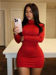SHEIN Unity Mock Neck Solid Bodycon Dress For New Year Clothes Fall Cloth For Women - Red - View 3