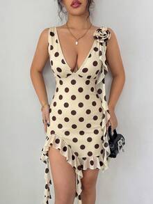 SHEIN Raffinéa Brown And White Polka Dot,Summer,Girly,Date Night 3D Floral Deep V-Neck Mesh Patchwork Stretchy Bodycon Ruched High Slit Ruffle Mini Dress,Y2K - Yellow - View 3