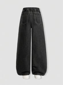 SHEIN 青少年女孩黑色水洗牛仔褲 1件，斜腰頭拉鍊門襟，寬腿版型，復古黑水洗增添質感與經典魅力，適合學院風與甜辣風，四季皆宜的高級水洗牛仔褲，適合各種外出場合 - 黑色 - 查看 2