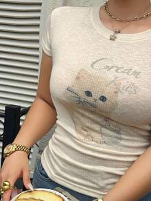Dazy Plus Spring Summer Plus Size Women's Fitted Slim Fit Cute Cat Pattern Animal Print Cap Sleeve White T-Shirt Graphic Tees - Beige - View 10
