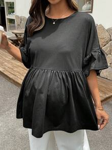 Dazy Maternity 純色小圓領寬鬆拼接抓皺短袖孕婦T恤，適合日常穿著，春夏款，黑色 - 黑色 - 查看 5