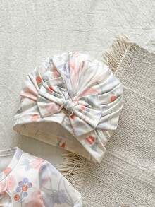 SHEIN Vintaside Kids 秋冬新生兒蝴蝶結復古花卉印花可愛嬰兒連身衣+帽子 - 淺粉色 - 查看 8