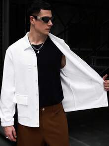 Manfinity Homme Men's Spring/Summer All-Season Jacket, White Textured Fabric, Mature Casual Men's Jacket - White - View 4