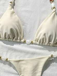 Swim Mod Women's Solid Color Halter Neck Metal Decor Sexy Bikini Set, Spring/Summer - Apricot - View 6
