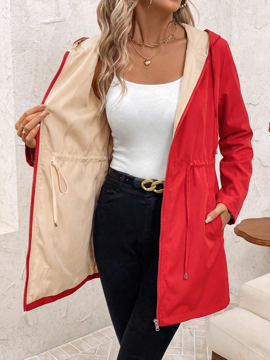 SHEIN Clasi 女款豹紋可正反穿連帽夾克 - 紅色 - 查看 1