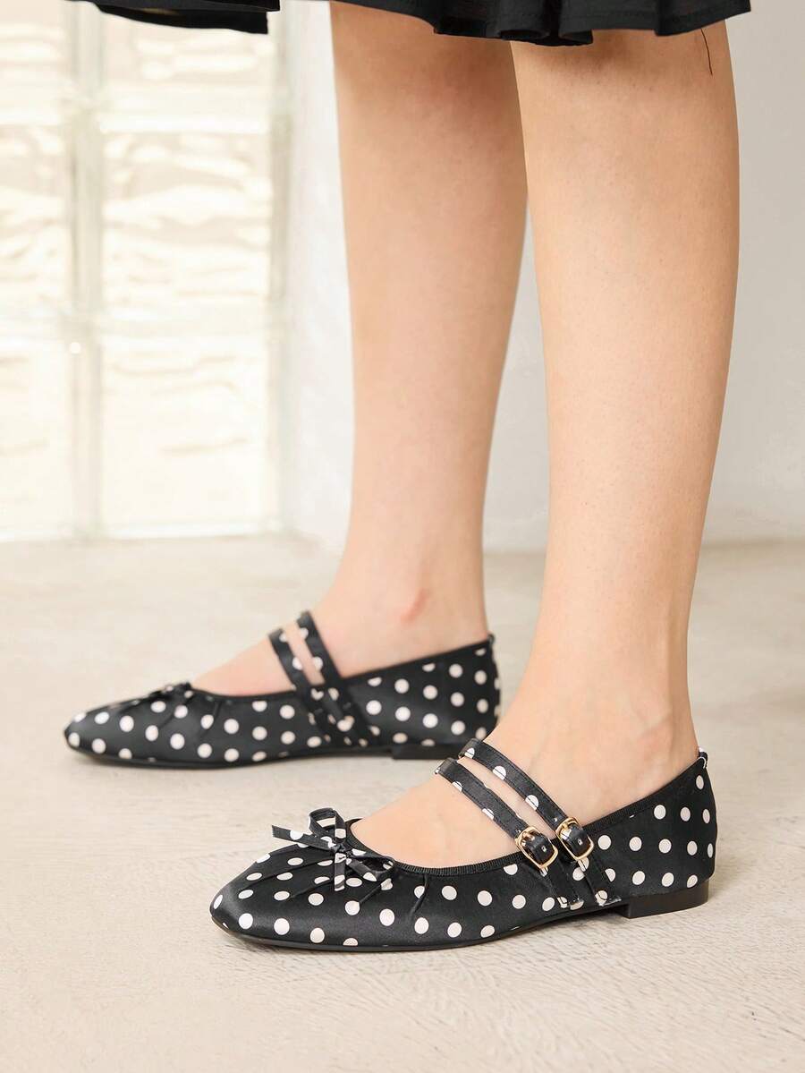 MOTF WOMEN'S ELEGANT MINIMALIST COMMUTING SOLID COLOR BOW DECOR DOUBLE BUCKLE STRAPS BALLET FLATS SHOES FOR CHRISTMAS VALENTINE'S DAY SPRING SHOES - Graphite Black - View 2