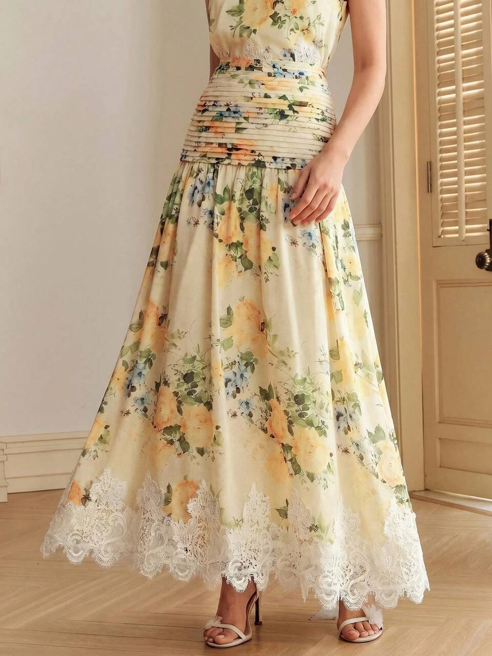 Women's Summer Vacation Outfit, Romantic Floral Print Lace Ruffle Pleated A-Line Skirt, Elegant For Afternoon Tea, Party, Green Floral Autumn