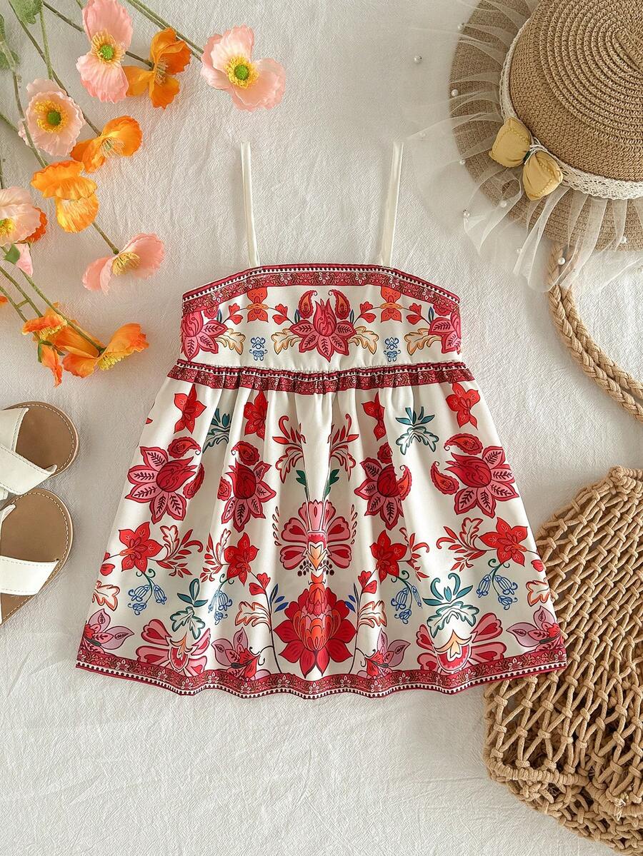 Travachic KIDS Travachic KIDS 女嬰可愛休閒花卉印花細肩帶洋裝,適合度假 - 杏色 - 查看 1