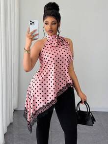Maweii Camisa sin mangas con lunares, cordones y dobladillo asimétrico para mujer de talla grande - Rosa - Ver 1