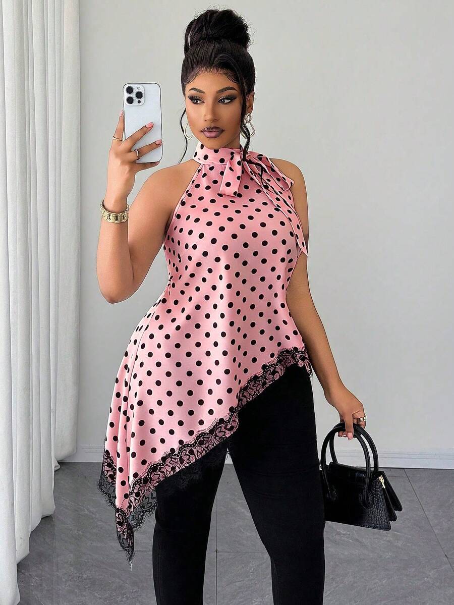 Maweii Camisa sin mangas con lunares, cordones y dobladillo asimétrico para mujer de talla grande - Rosa - Ver 1