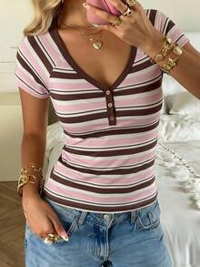 SHEIN Retro European And American Y2K Style Striped Short-Sleeved T-Shirt For Girls And Teenagers - Pink - View 2