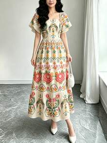 Modelyn 女款花卉印花方領荷葉邊短袖優雅中長洋裝，適合度假 - 彩色 - 查看 4