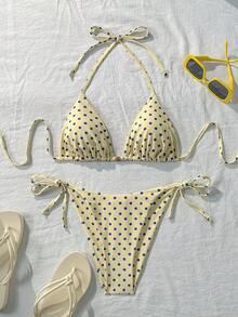 Swim Mod 夏季海灘淡黃色波點掛脖式女款比基尼泳衣套裝 - 鵝黃色 - 查看 1