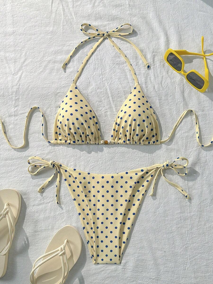 Swim Mod 夏季海灘淡黃色波點掛脖式女款比基尼泳衣套裝 - 鵝黃色 - 查看 1