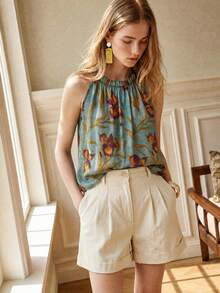 SHEIN Women's French Vintage Floral Print Halter Neck Tank Top - Blue - View 1