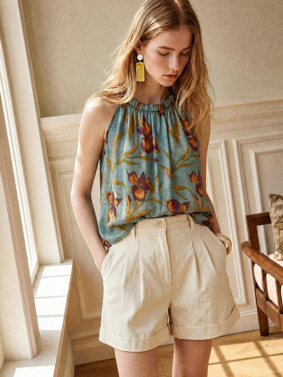 SHEIN Women's French Vintage Floral Print Halter Neck Tank Top - Blue - View 1