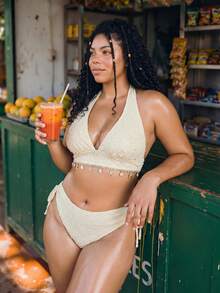 Swim Vcay 2026 New Summer Beach Vacation Women's 2-Piece Yellow Textured Floral Triangle Bikini Set, Bohemian Style Halter Top With Shell & Starfish Pendant, Side Tie Swim Bottoms, Suitable For Summer Beach Vacation. Plus Size Swimsuit Set - Pale Yellow - View 4