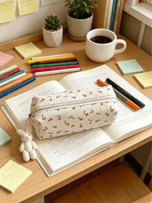 1PC Canvas Pencil Case Floral Pattern Sweet Cute Design Multi Compartment Large Capacity Stationery Organizer Pouch With Zipper Closure For School Office Supplies Home Use Organizer Gift - Single Piece - View 7