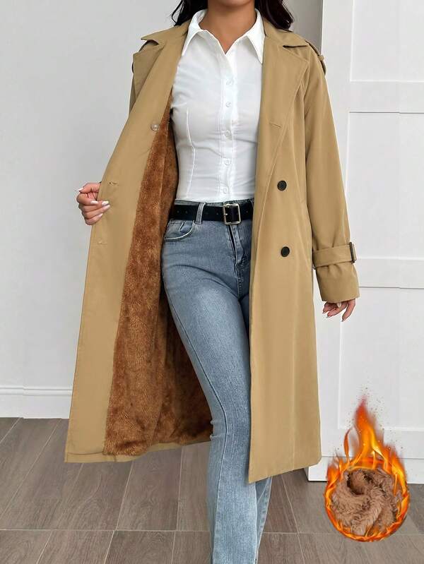 SHEIN PETITE Women's Casual Fleece Lined Trench Coat Jacket, Autumn/Winter