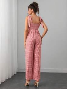 SHEIN Jumpsuit Hamil Kasual Motif Kotak-kotak untuk Sehari-hari dengan Detail Simpul di Bahu - Merah - View 2