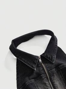 ROMWE Top de tirantes de mezclilla para mujer con cremallera, negro lavado vintage, estilo festival de música - Negro - Ver 3