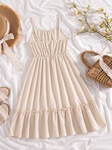 SHEIN La falda de poliéster con volantes en la Bottom está diseñada con un dobladillo con volantes, simple y elegante, para viajes, fotografía, salidas de verano y es muy llamativa. - Albaricoque - Ver 2
